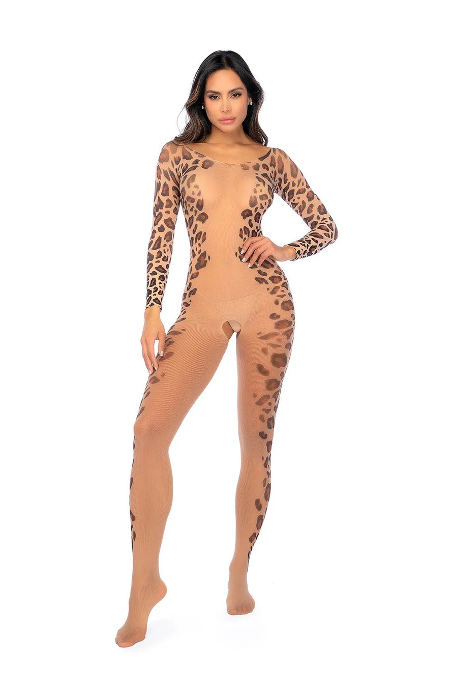 Mapale - Long Print Sleeve Leopard Mesh Bodystocking  - Animal Print